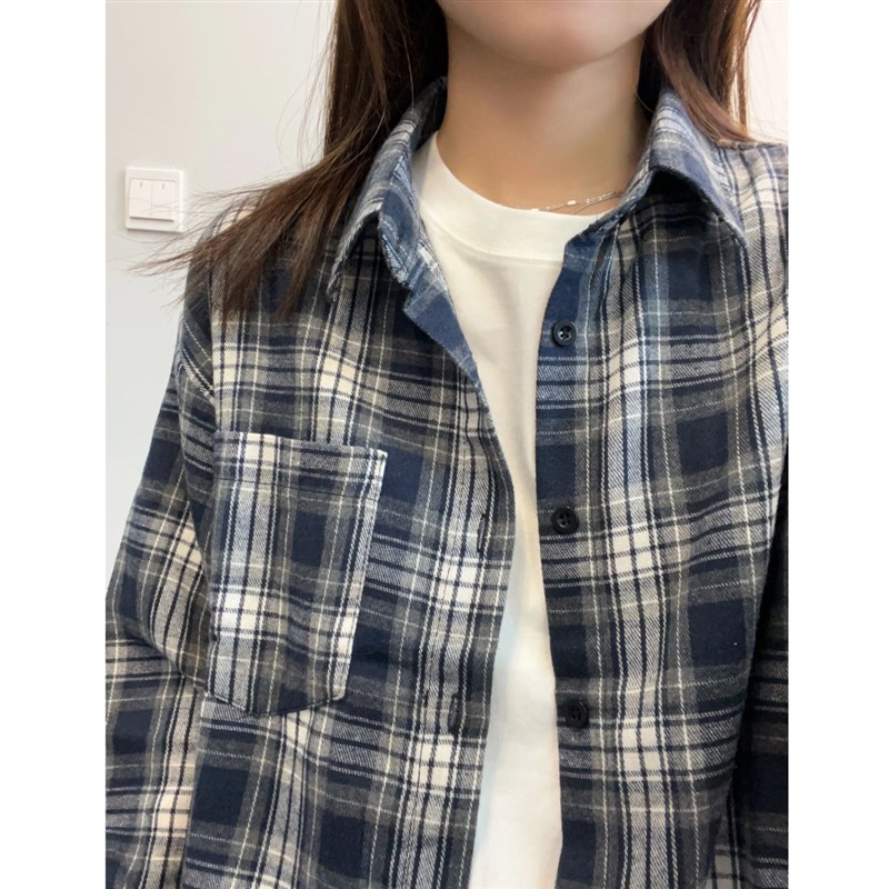 蓝色格子衬衫男女慵懒风复古开衫薄款上衣春秋季情侣休闲打底衬衣