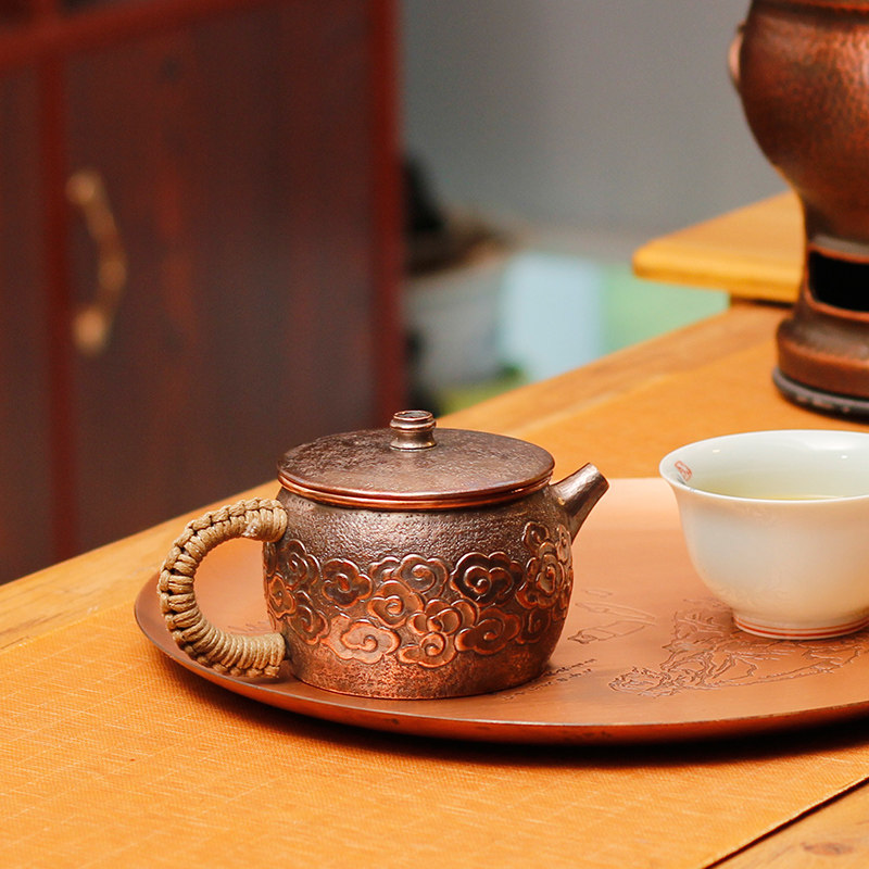 清沁堂纯手工紫铜功夫茶具汉瓦壶带滤网茶壶家用锤纹烤色急需铜壶