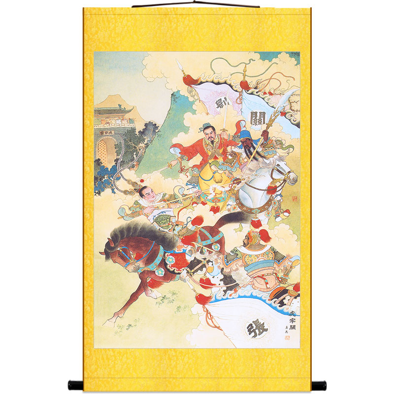 青梅煮酒论英雄人物画 虎牢关三英战吕布 三国装饰画绢布卷轴挂画