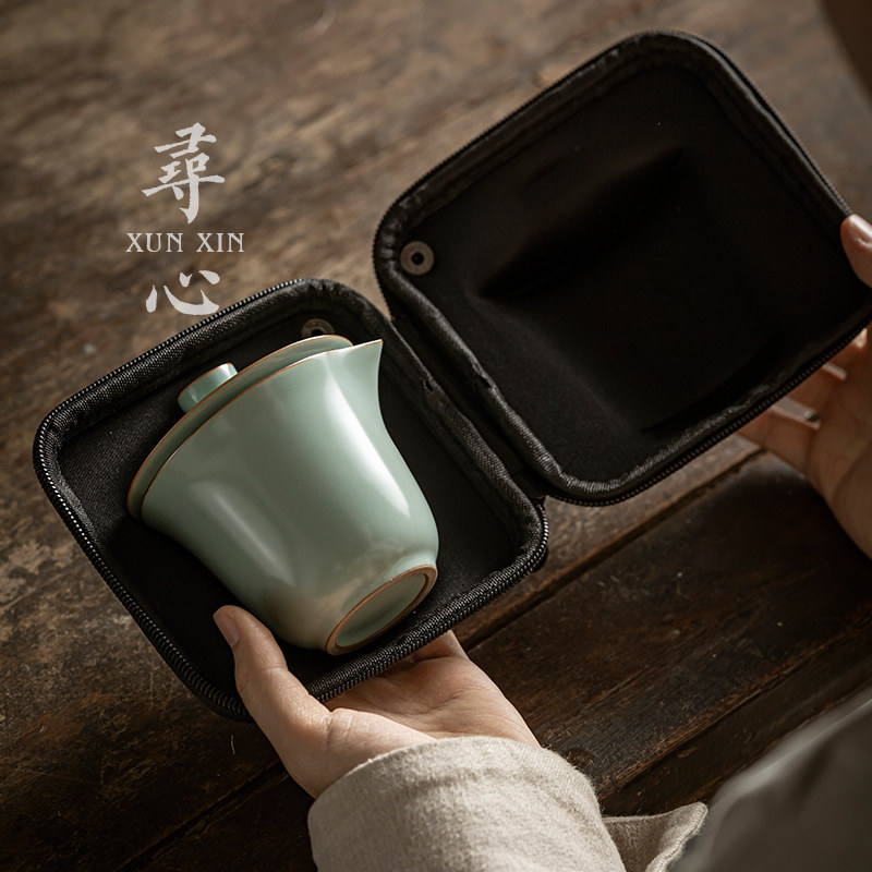 天青汝窑手抓壶功夫茶具套装开片可养盖碗快客杯旅行茶具一壶三杯