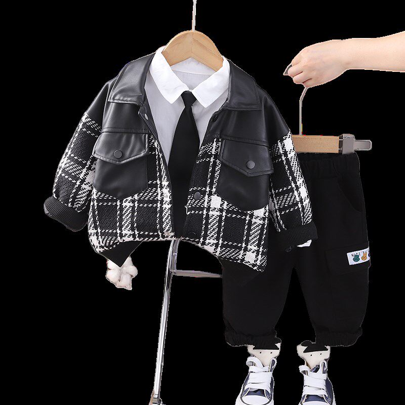 男童春秋套装2024新款宝宝秋装皮衣三件套婴儿小童衬衣男孩潮外套