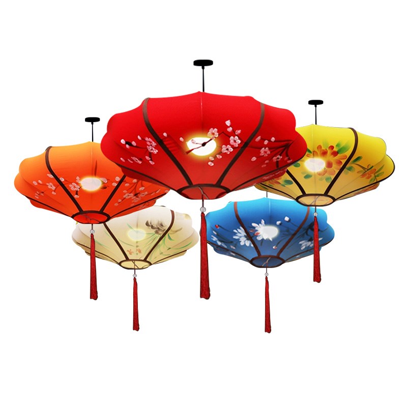 中式飞碟款布艺灯笼古典彩色中国风茶楼饭店火锅店婚庆手绘新灯笼