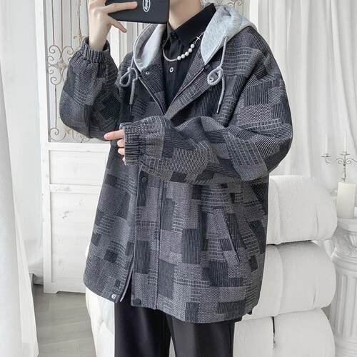 隐哲穿搭JK6007秋季牛仔撞色格子连帽男生宽松夹克大码假两件外套
