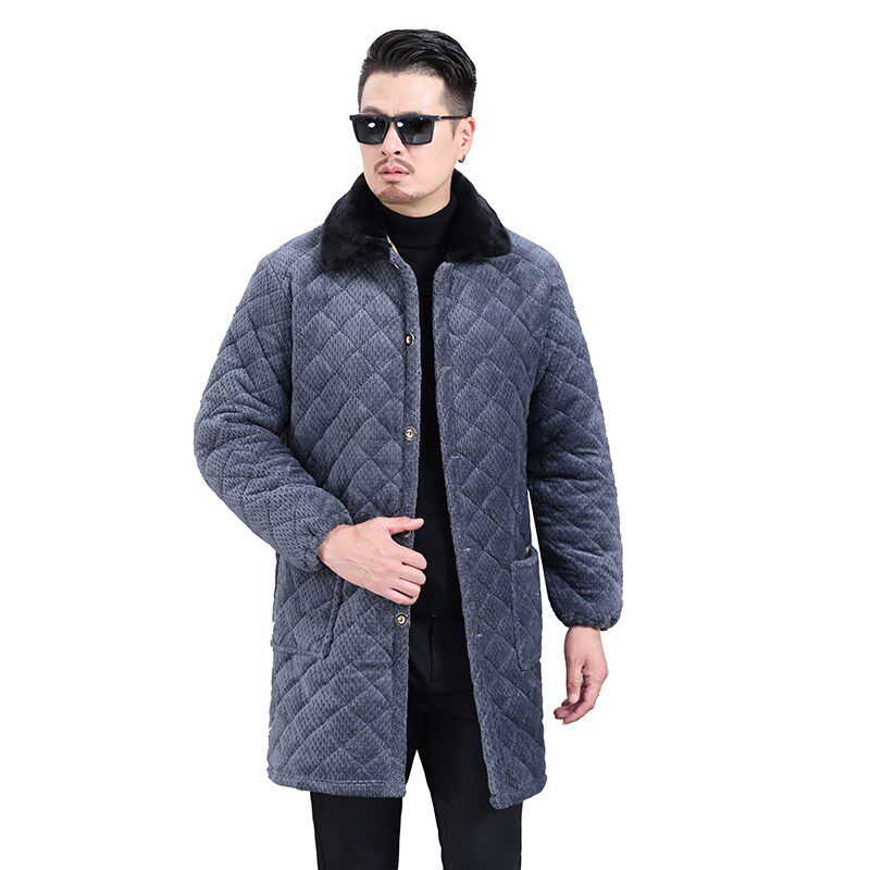 加肥加大棉衣男冬超柔法兰绒加绒长款罩衣三层夹棉毛领厚外套棉服
