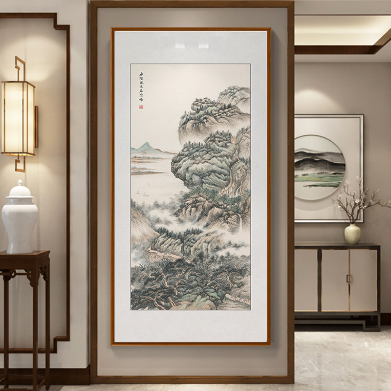 傅抱石山水画新中式玄关装饰画走廊过道进门挂画竖版春天风景壁画