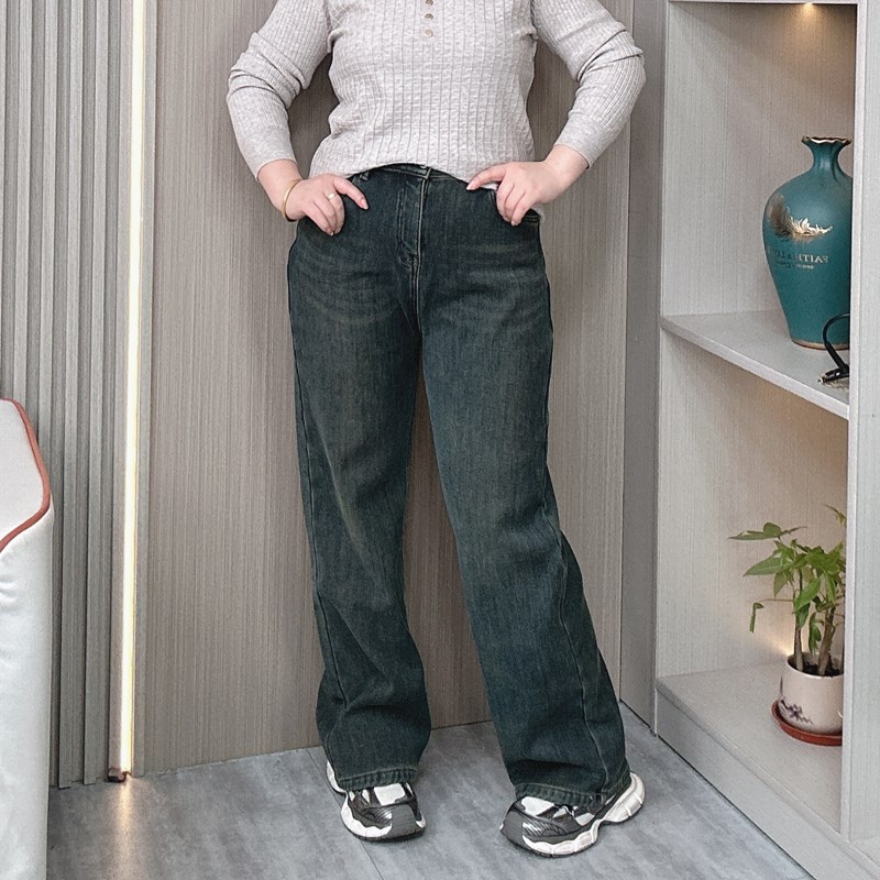 冬装加绒直筒牛仔裤女大码胖mm高腰显瘦弹力复古蓝阔腿拖地长裤子