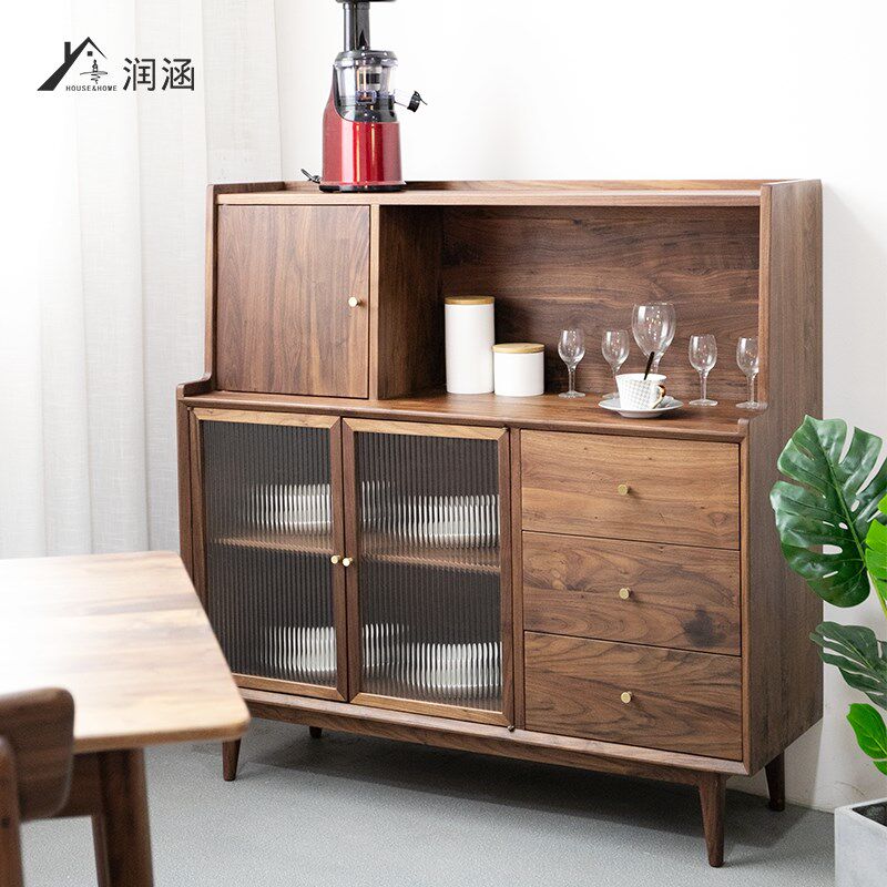 润涵餐边柜黑胡桃实木茶水柜酒柜一体靠墙厨房柜子储物柜客厅边柜