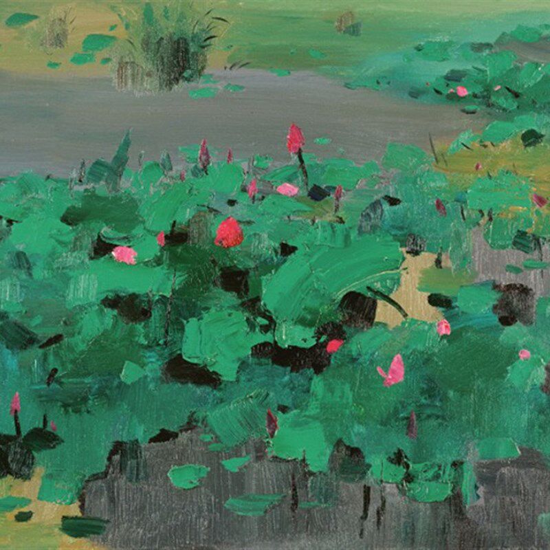 吴冠中油画红莲花手工复制品 新中式装饰客厅沙发餐厅挂画田园