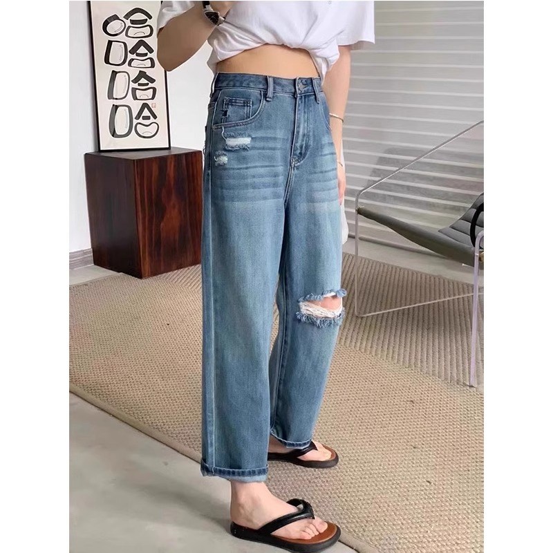 薄款破洞直筒牛仔裤女复古高腰宽松阔腿小个子九分梨形身材女裤子