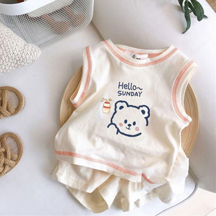 t恤短裤 男女童洋气卡通无袖 运动两件套 纯棉夏季 儿童宝宝背心套装