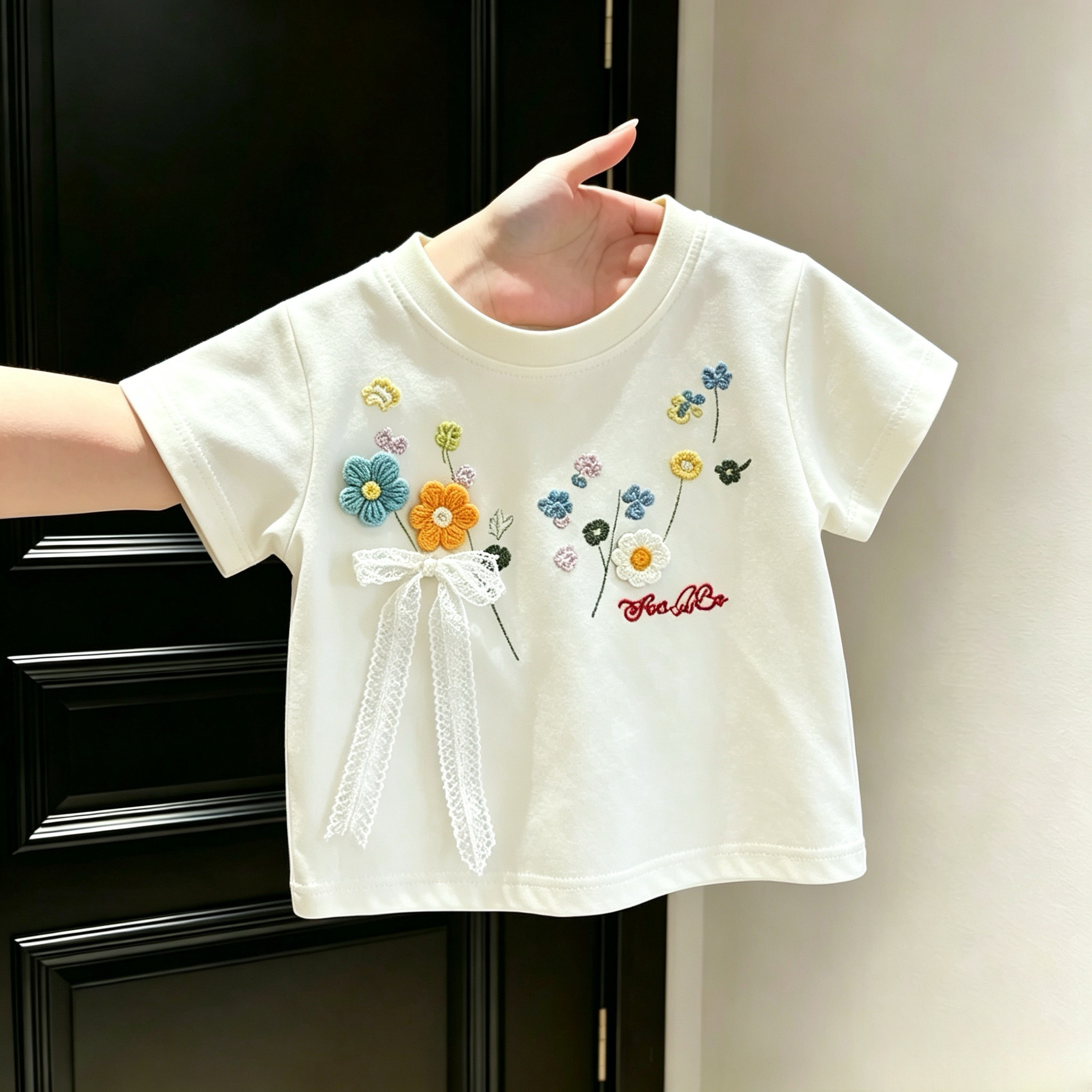 女童短袖夏季刺绣花朵纯棉t恤潮