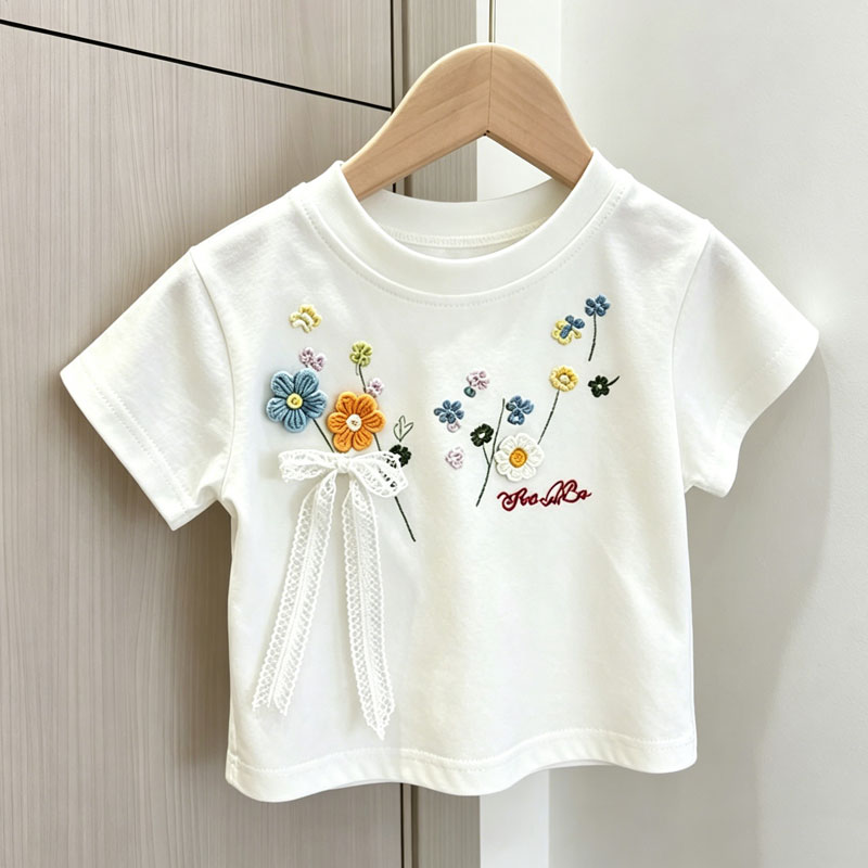 女童短袖t恤夏季刺绣花朵上衣潮