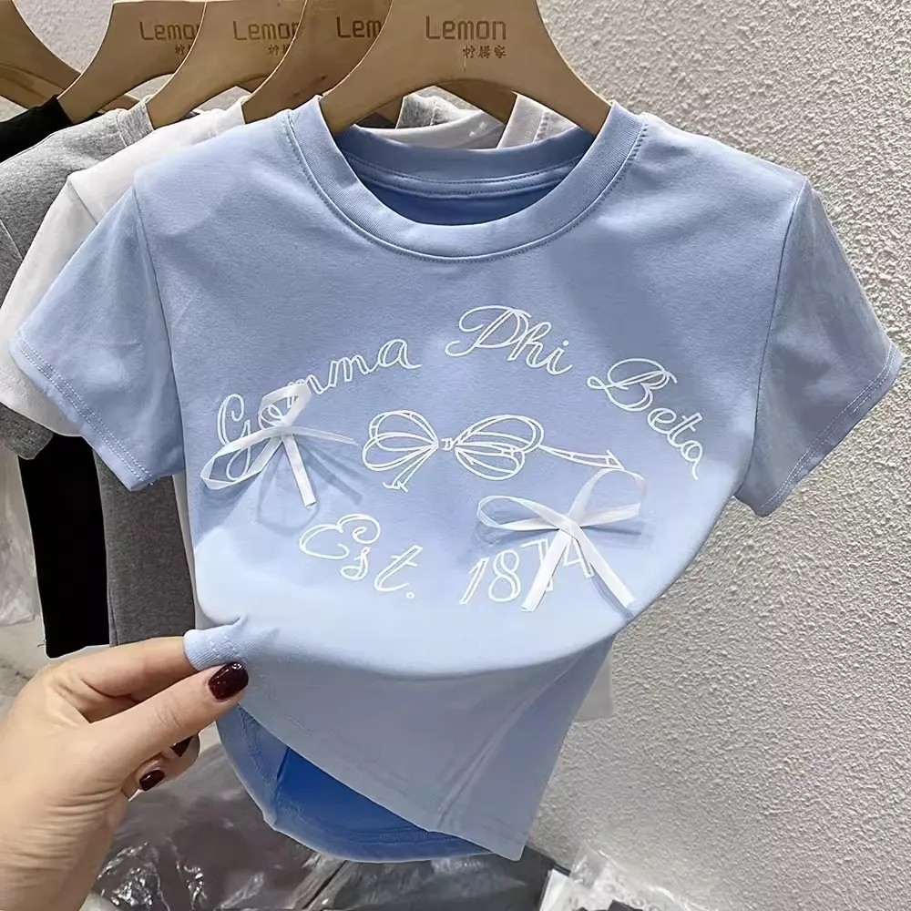 女童弹力短袖t恤夏季新款女宝蝴蝶结半袖上衣服韩版百搭圆领体恤