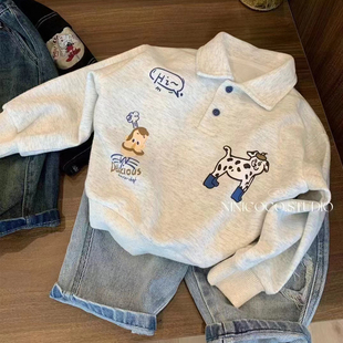 2025新款 春秋季 小童韩系卡通翻领上衣百搭宽松潮 POLO衫 男女童长袖