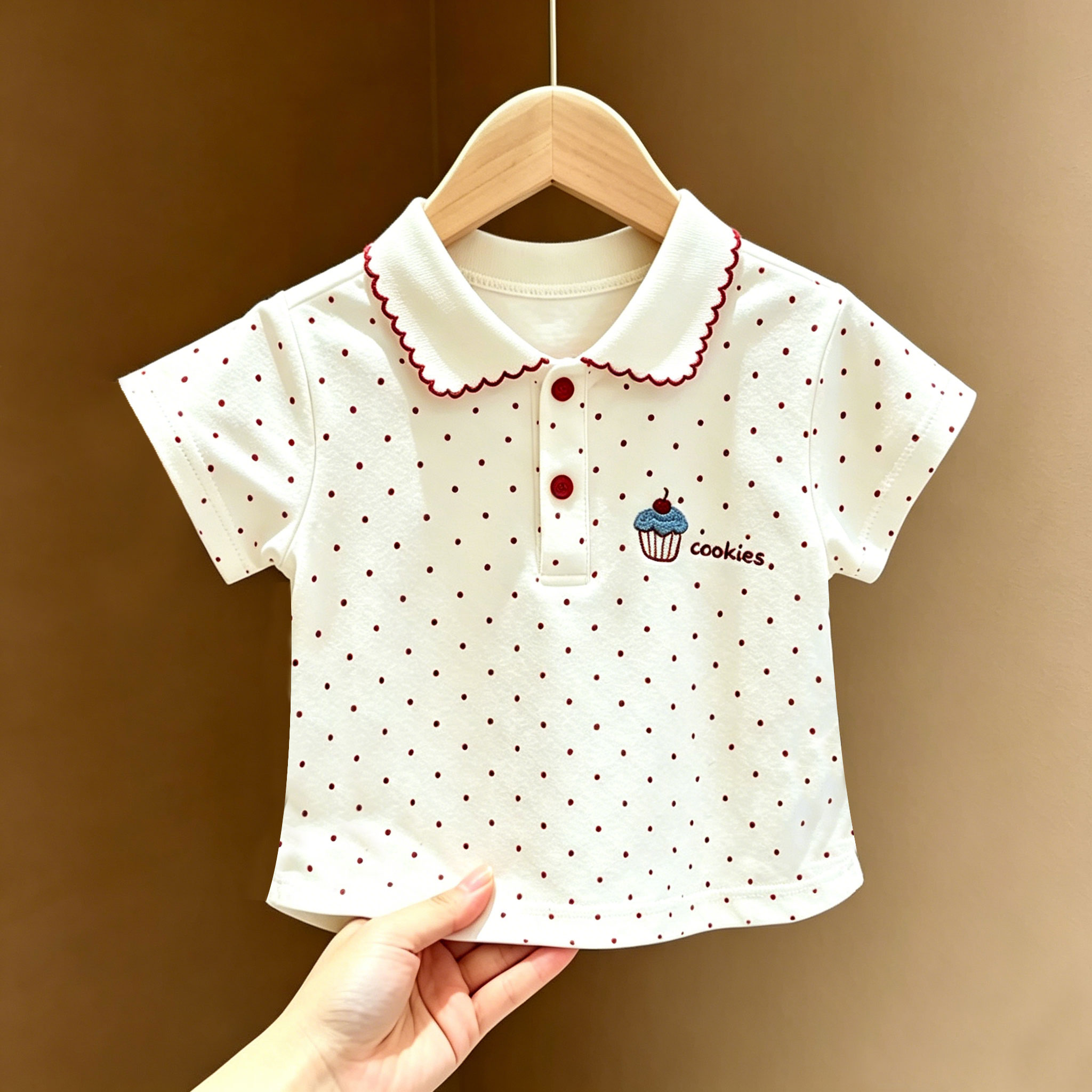 女童短袖夏季满印波点纯棉t恤潮