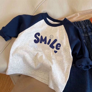 宝宝百搭打底衫 儿童纯棉长袖 t恤春秋男女童拼色字母休闲上衣秋季
