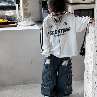 小童痞帅字母杠条圆领上衣百搭运动打底衫 男童纯棉长袖 T恤春秋季