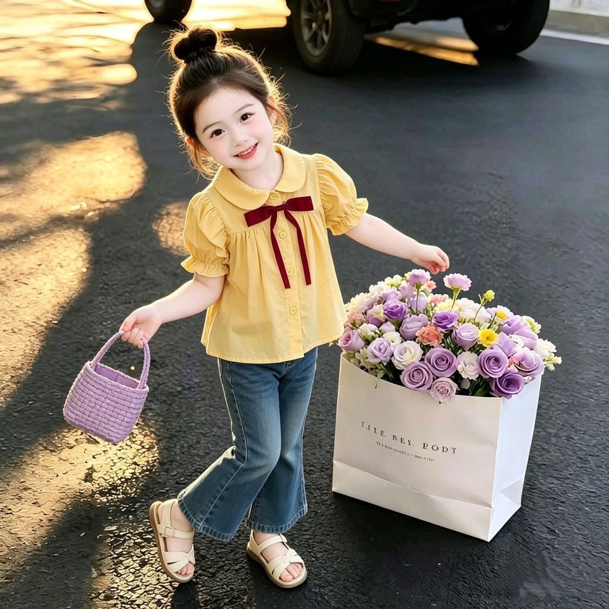 女童短袖t恤夏季蝴蝶结纯棉上衣