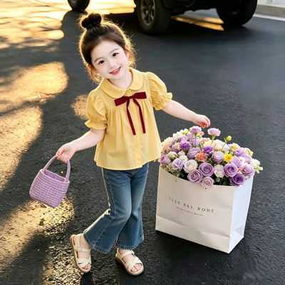 女童短袖t恤夏季蝴蝶结纯棉上衣