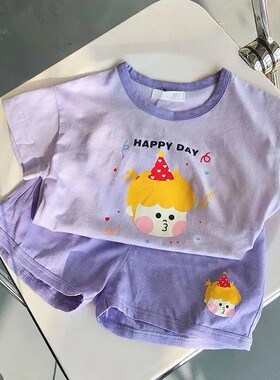 女童短袖套装纯棉夏季卡通两件套