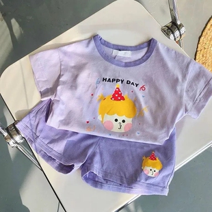 女童短袖套装纯棉夏季薄新款儿童宝宝洋气卡通休闲半袖t恤两件套