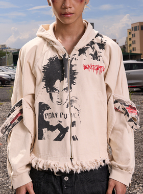 DreamBand2025AW超短款破坏美式拉链男生卫衣连帽开衫潮高街外套