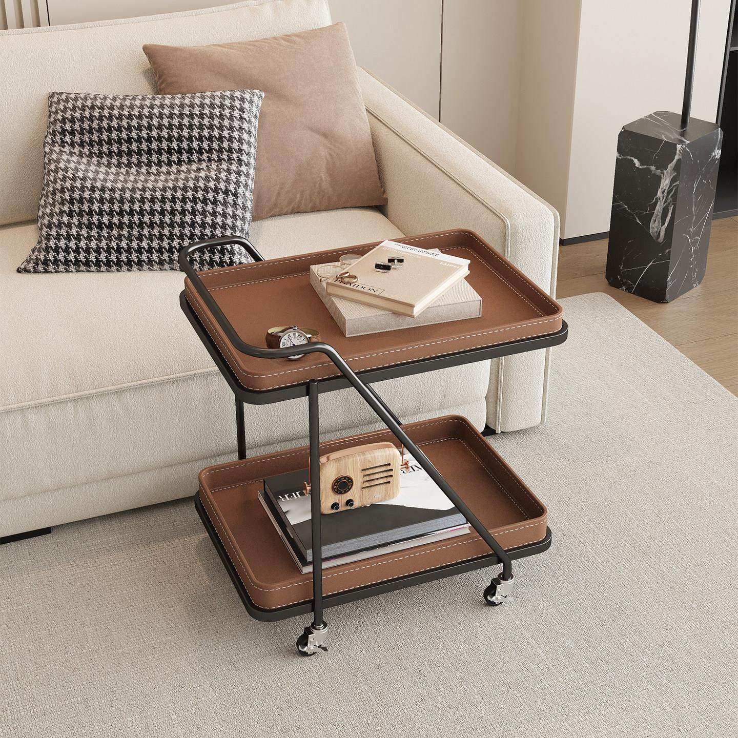 意式极简马鞍皮小推车沙发边几角几可移动茶几客厅卧室带轮置物架,住宅家具,移动边几/推车,淘宝优惠券,粉丝福利购,淘宝优惠卷