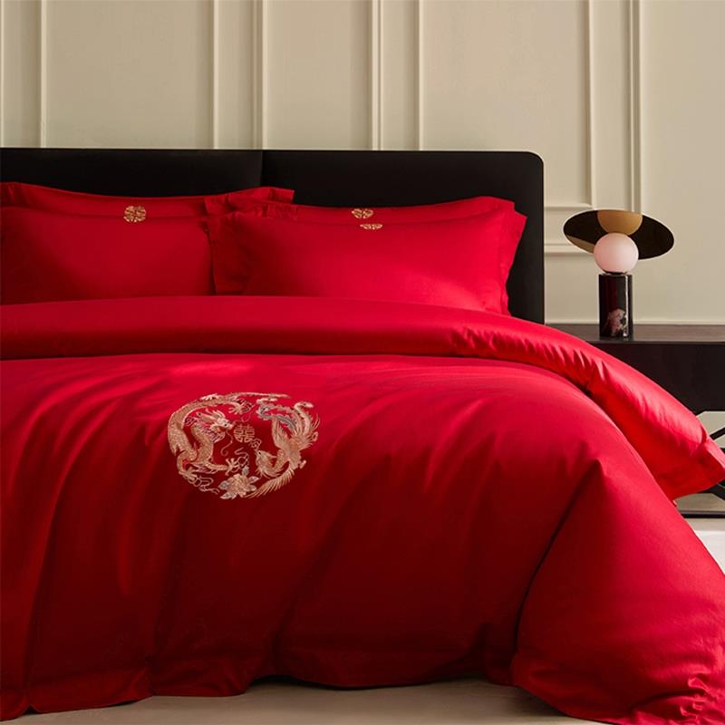 新中式古典龙凤婚庆四件套大红色结婚被套刺绣新婚房床单床上用品