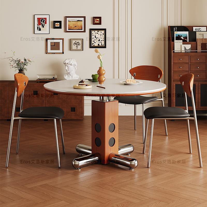 中古风圆桌覆古金属腿圆形餐桌北欧包豪斯实木波尔卡圆形岩板饭桌