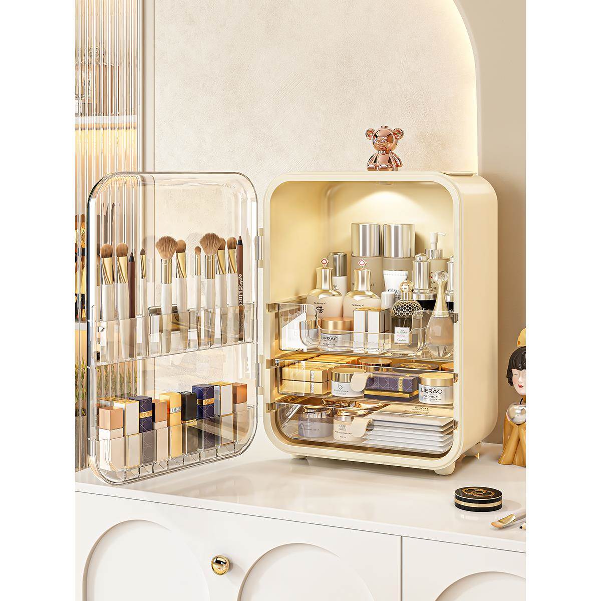 新疆包邮化妆品收纳盒大容量桌面家用防尘收纳箱口红护肤品梳妆台