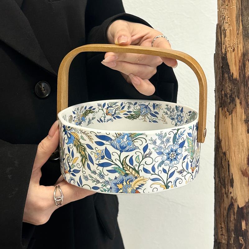 中古风手提水果蓝家用摆放盘糖果果盘茶几零食点心盘干果收纳果篮