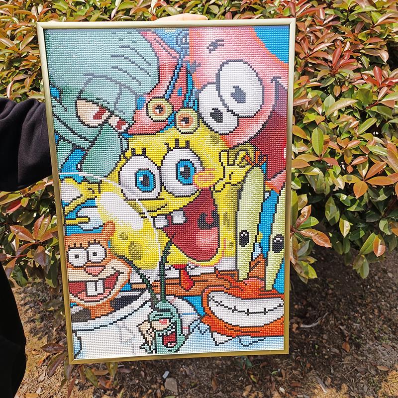 5D卡通钻石画 画带框动漫海绵宝宝满钻儿童手工点贴钻十字绣客厅