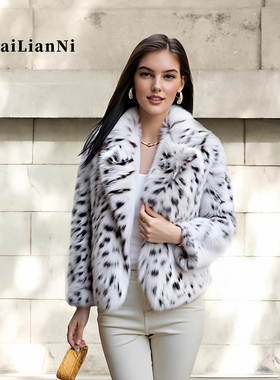 山猫顶奢西装领高端皮草外套2025年新款女豹纹环保皮草毛毛大衣