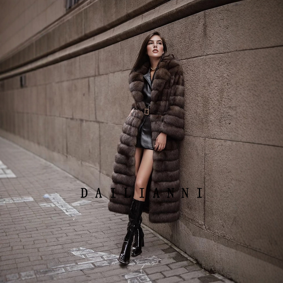 俄罗斯进口满天星紫貂西装领皮草外套长款女环保水貂皮毛一体大衣