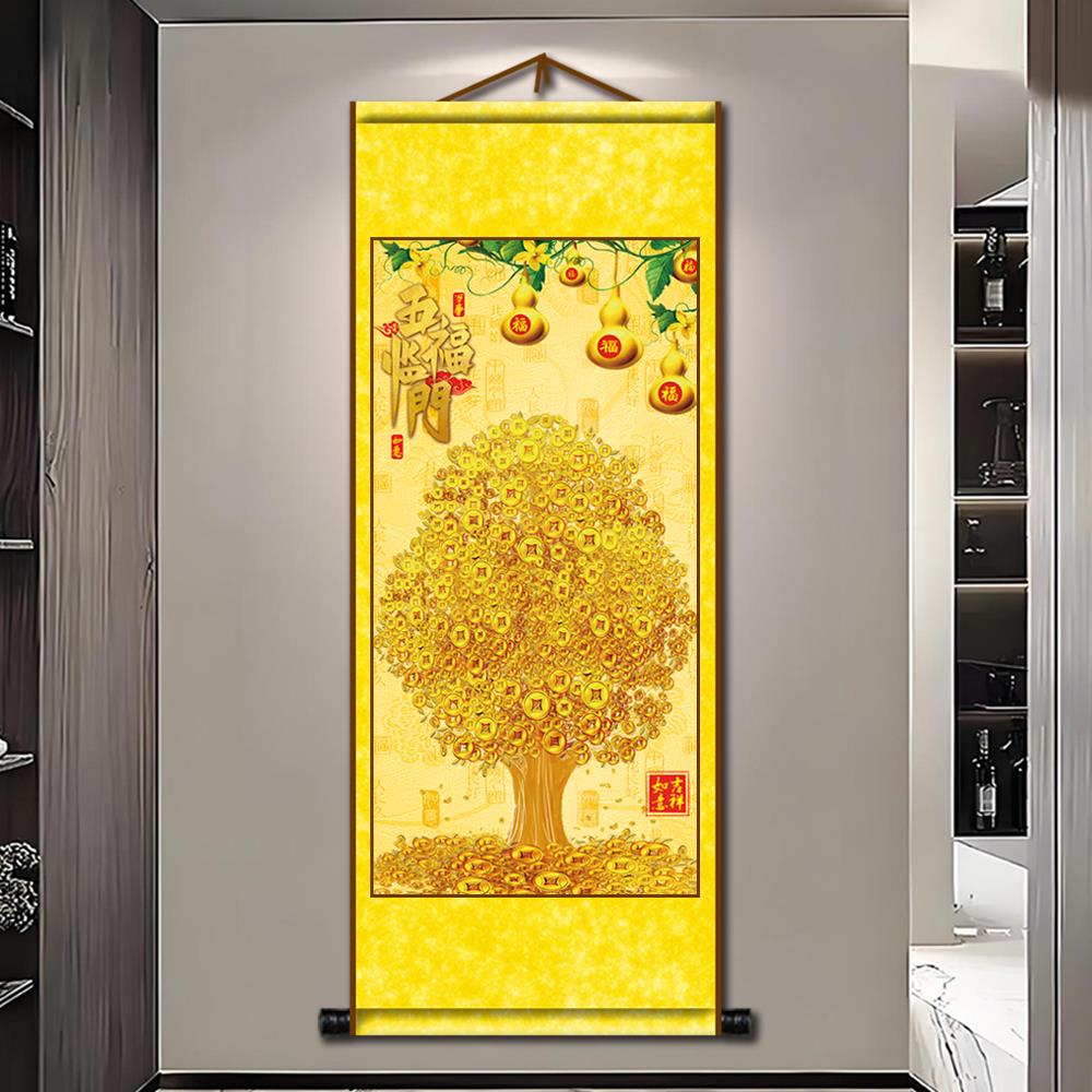 金钱树发财树摇钱树挂画客厅店铺书房玄关春节年画卷轴装饰画图片
