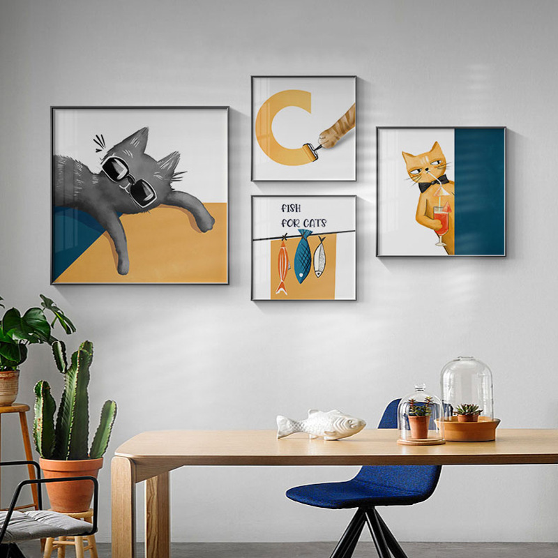 北欧创意趣味猫和鱼餐厅装饰挂画温馨现代简约客厅装饰画玄关壁画图片