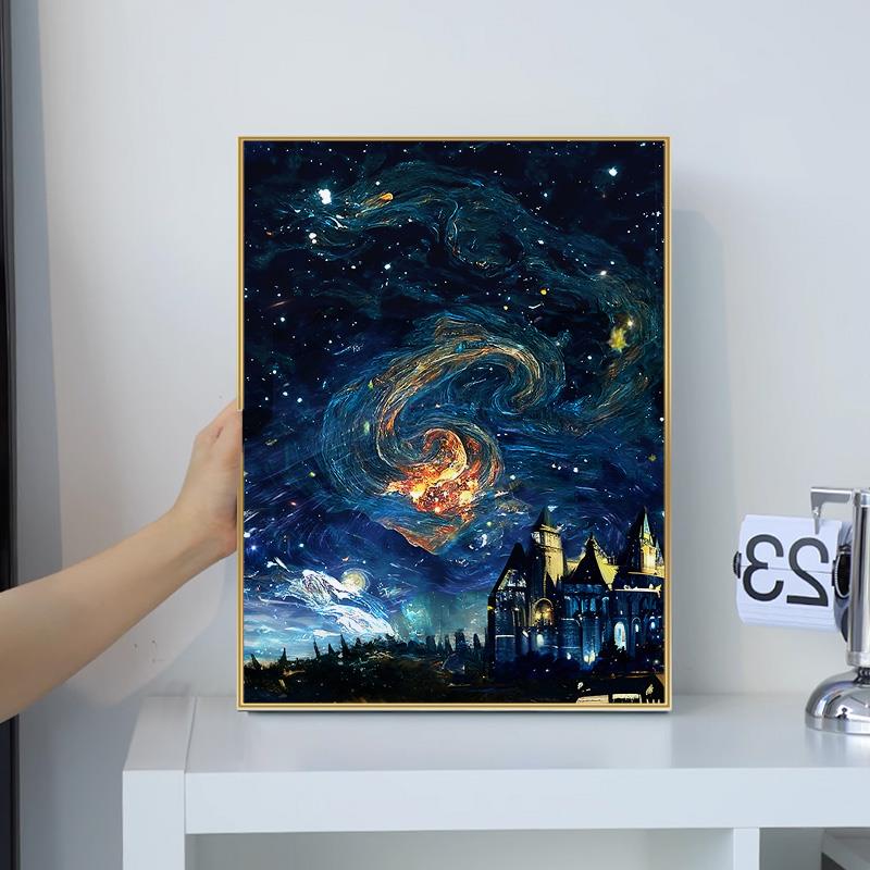 梵高星空钻石画满钻霍格沃茨的夜晚点贴砖十字绣2024新款客厅卧室