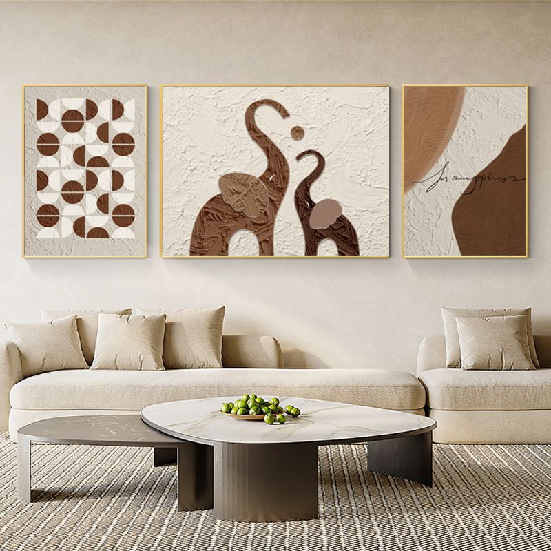 侘寂风客厅装饰画大象温馨一家三口沙发背景墙壁画肌理感抽象挂画