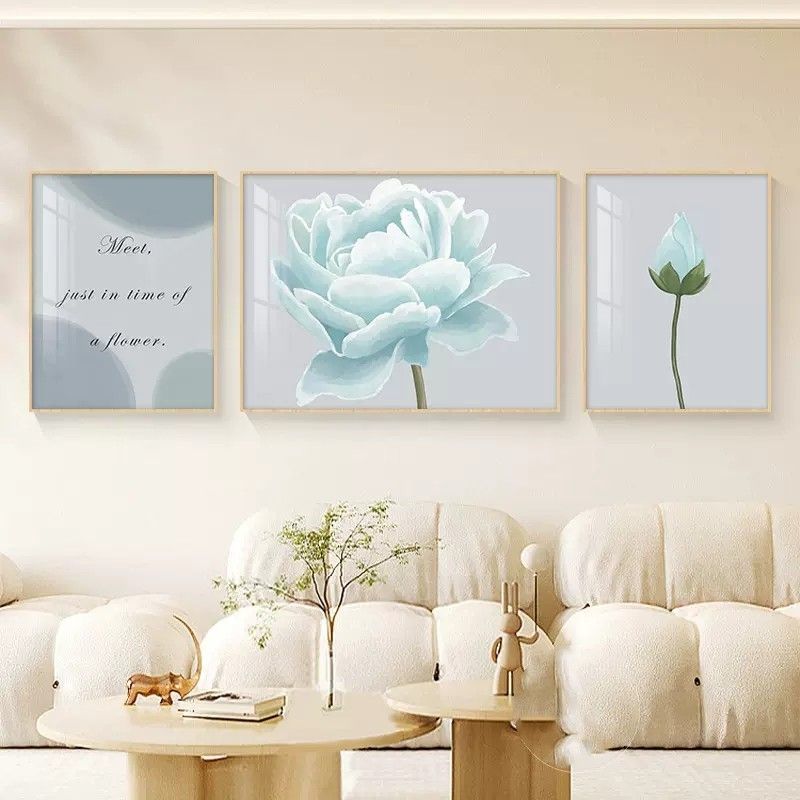 牡丹花客厅三联壁画奶油风挂画现代轻奢花开富贵沙发背景墙装饰画图片