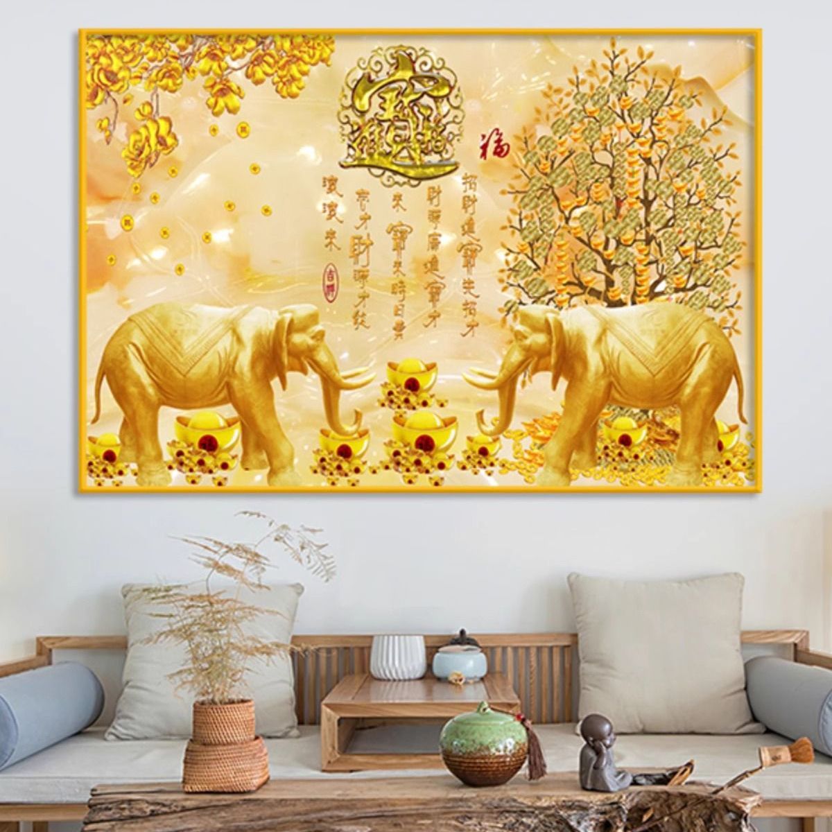 新中式客厅沙发背景装饰画饭厅餐厅发财树挂画招财进宝摇钱树壁画图片