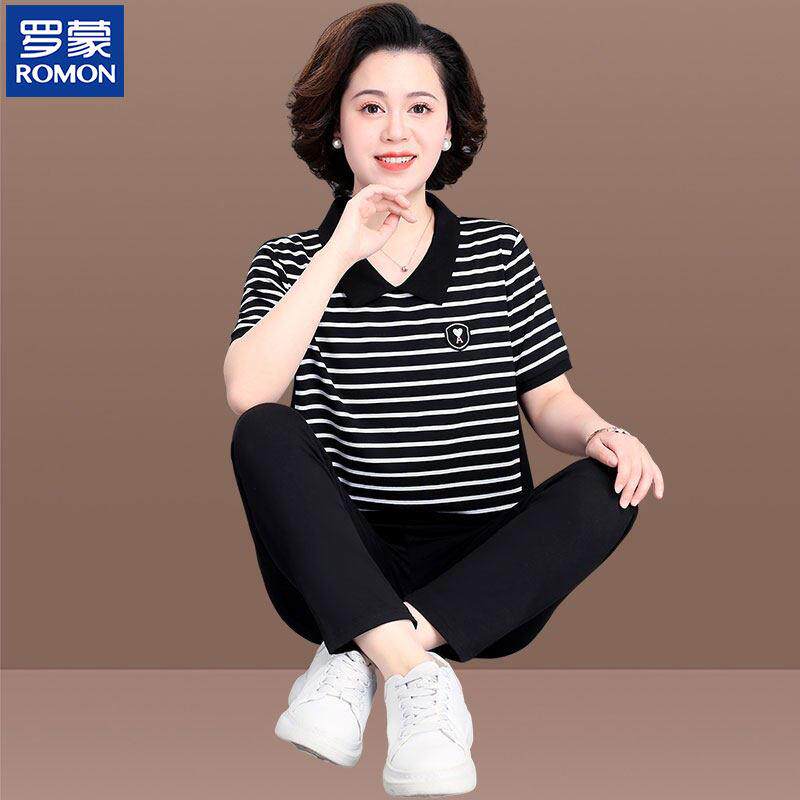 罗蒙妈妈夏装休闲套装短袖T恤两件套中老年女夏季条纹上衣运动服