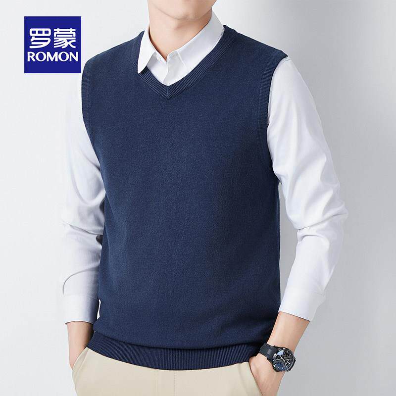 罗蒙V领针织衫毛衣男士无袖坎肩马甲2025春新款商务休闲打底衫