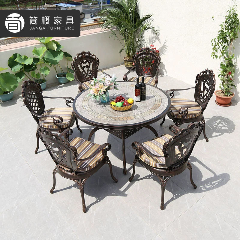 户外别墅庭院桌椅花园烧烤铸铝桌露天花园阳台一桌两用餐桌家具套