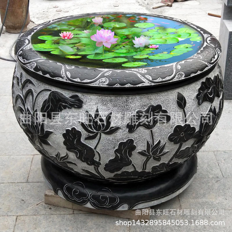 石雕鱼缸年年有余仿古青石花盆养鱼缸荷花缸广场庭院阳台水缸景观