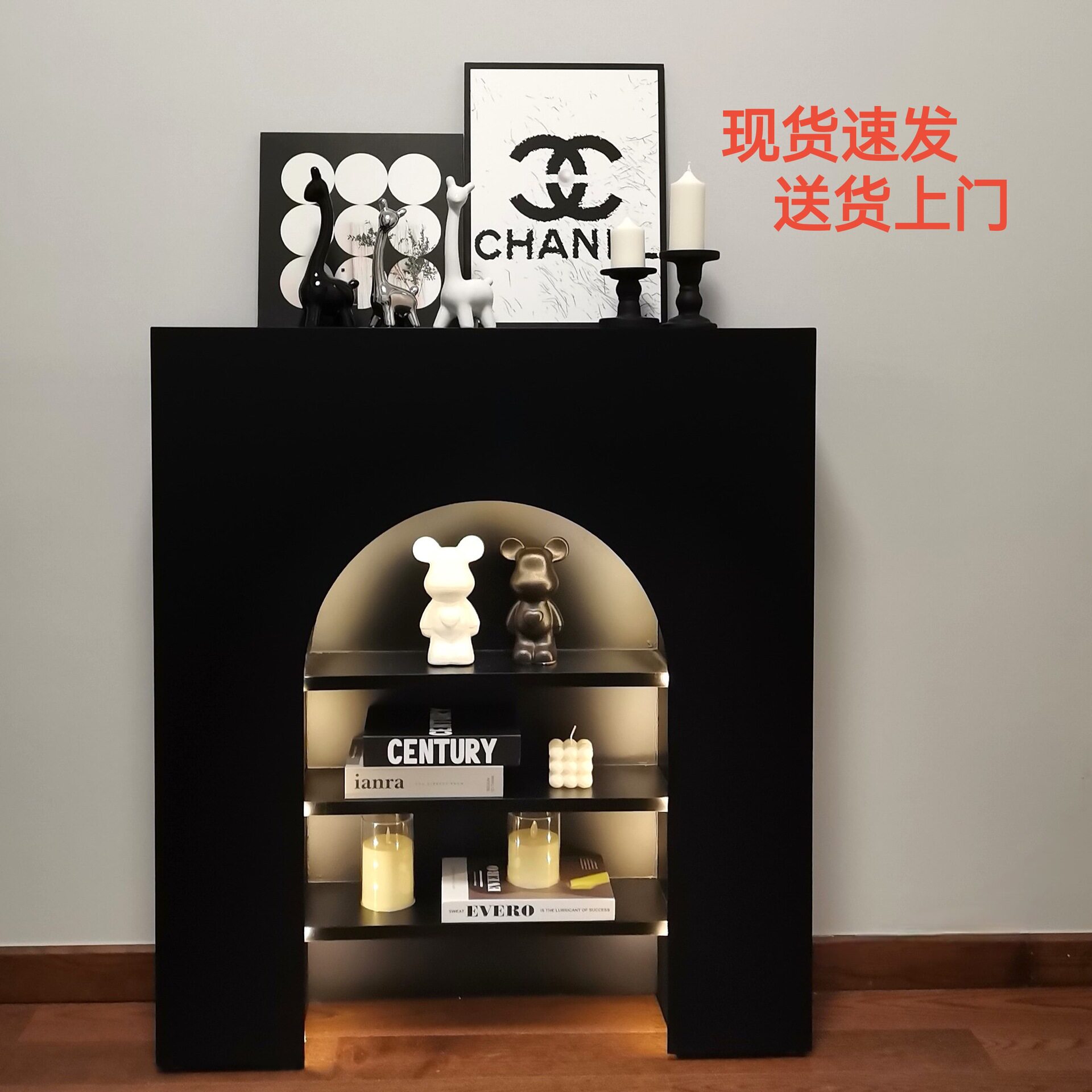 法式壁炉装饰柜黑色美式玄关柜直播间拍照背景柜客厅边柜展示柜