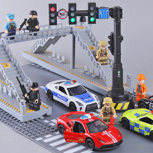 儿童公路场景摆件灯光红绿灯仿真微型交通路口人行天桥小警车模型