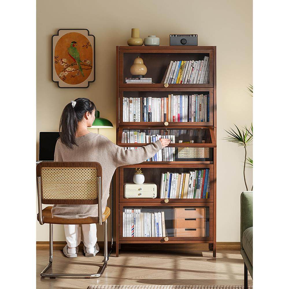 YDD伊芙 非实木书柜钢制防尘带玻璃书架置物带门客厅中古风胡桃色