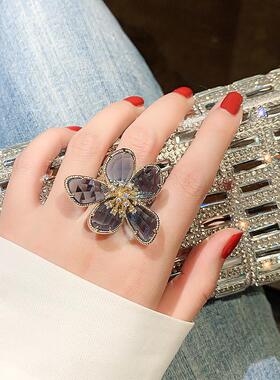 个性夸张水晶花戒指女气质时尚开口指环小众设计感网红食指戒子潮