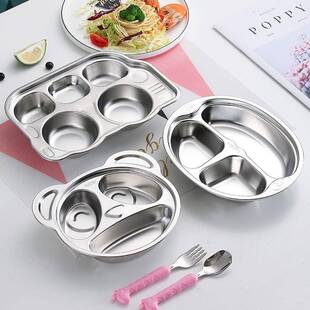 爆款304不锈钢儿童餐盘分格防摔宝宝食堂三格盘幼儿园卡通分隔盘