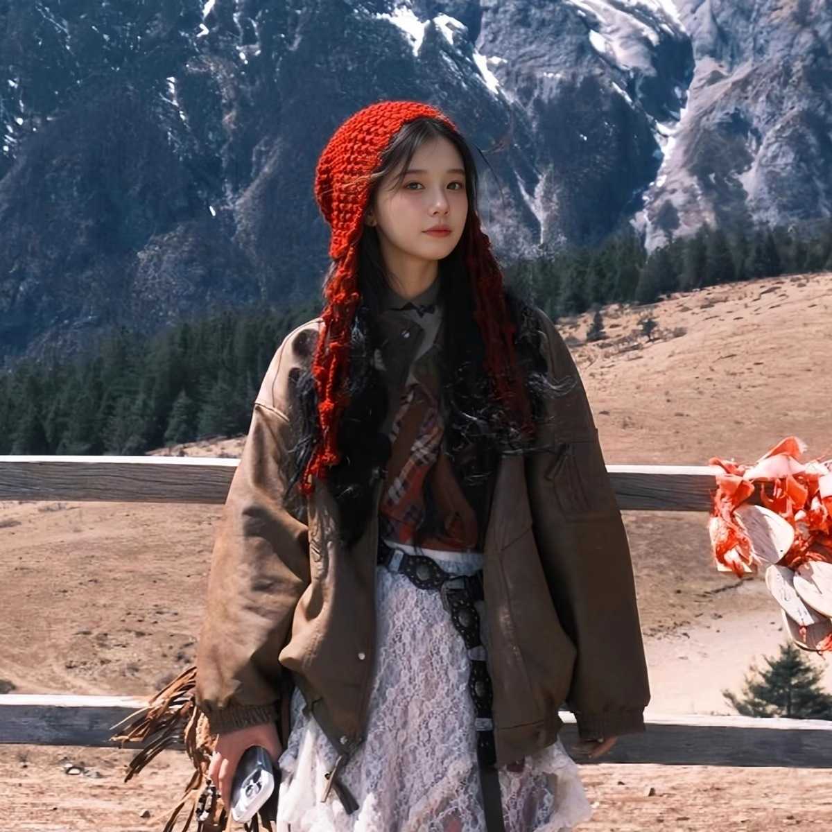 秋冬季毛线帽子川西旅游红色流苏针织帽女国庆出游草原镂空包头帽